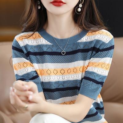 2024 Été Nouveau Mince Mode Col Rond Rayé Manches Courtes Commuter Ample Ajouré Pull Ample T-shirt Tricoté Hauts pour Femmes