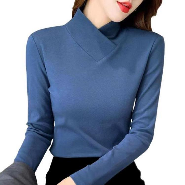 

Long Sleeve Slim Fit Pullover Top Women High Neck Solid Color Stretchy Soft Shirt Unique Neckline Half Collar Tops L