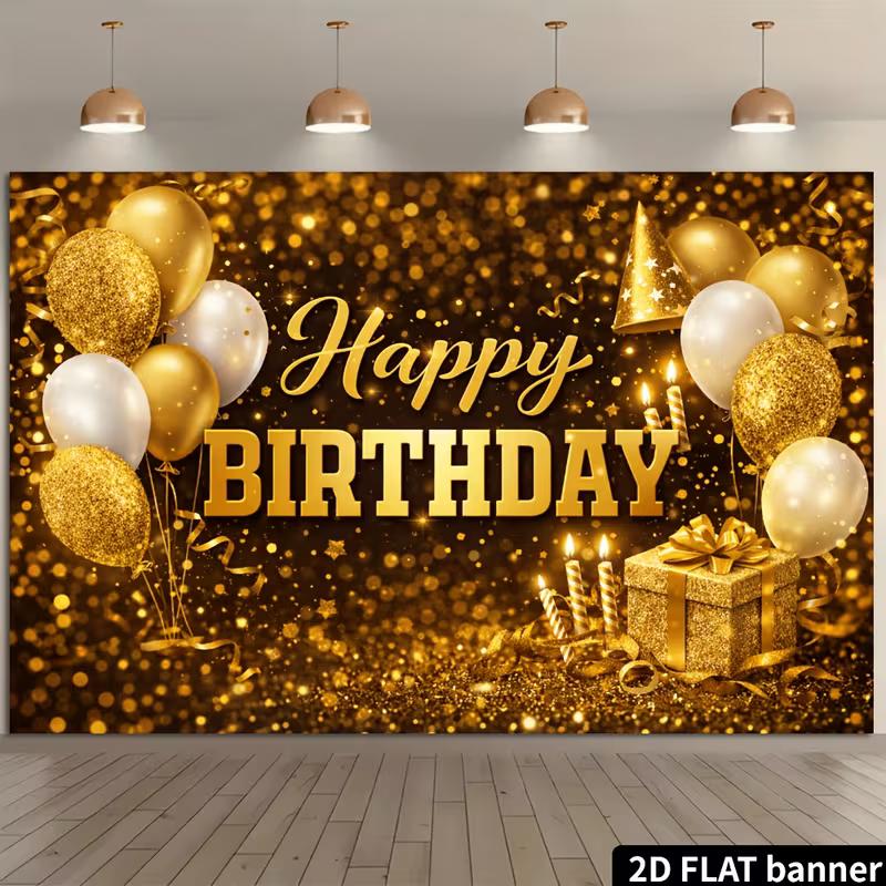 2D Luxury Gold Bokeh Balloon Gift Box Photography Birthday Backdrop Banner