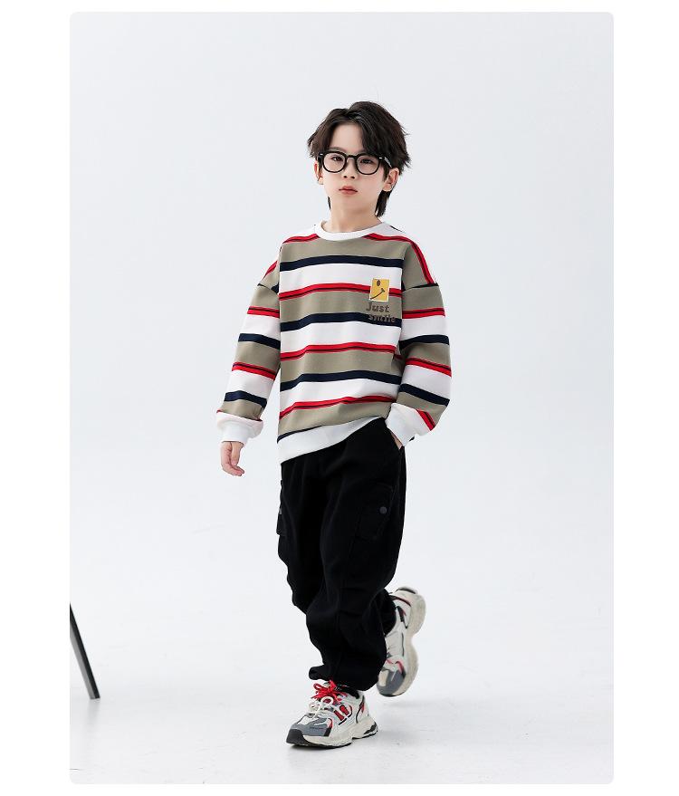 Boys' Fleece-Lined Striped Crewneck Hoodie - 2025 Autumn/Winter, Thick Long-Sleeve, Fashionable for Older Children