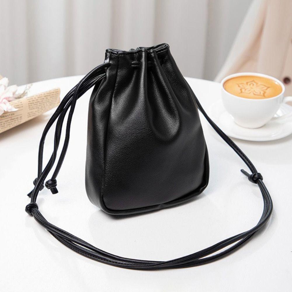 Lady Style PU Leather Drawstring Bag Candy Color Drawstring Style Crossbody Bag High Quality Mini Size Handbag Casual Wear