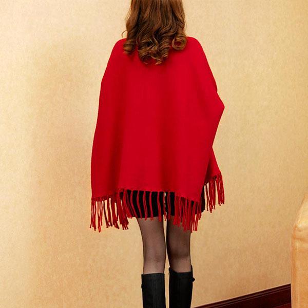 Autumn Winter Fringed Cloak Shawl Women Plus Size Knitted Coat Loose Fashion Pullover Knitted Cloak Shawl with Sleeves