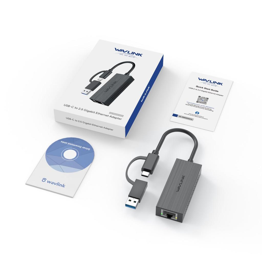 WAVLINK USB C To Ethernet USB Type C To Gigabit Ethernet Adapter RJ45 LAN Network Converter for Mac iPad 2.5G Adapter, 2-in-1 3.2 A/Type (Thunderbolt