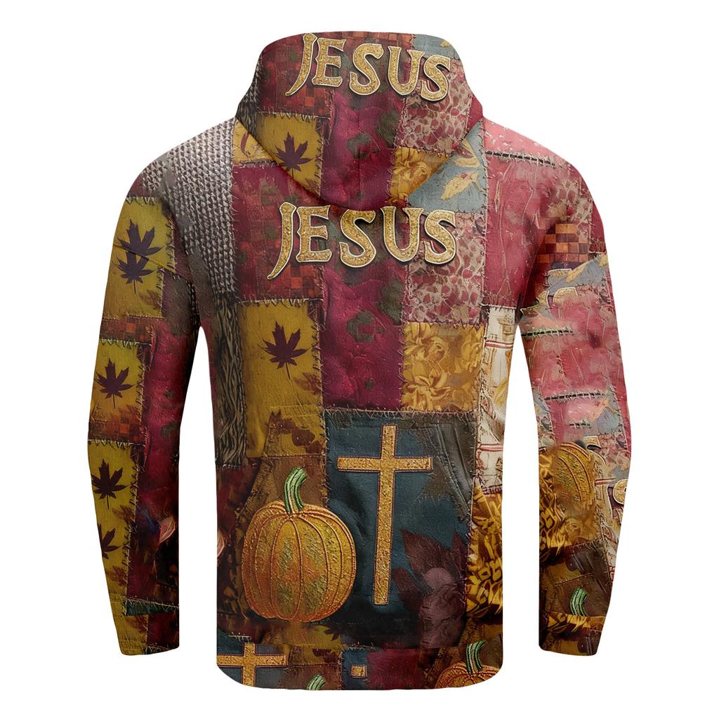 Men's Retro Casual Cross Art Print Oversized Drop-Shoulder Pockets Hoodie