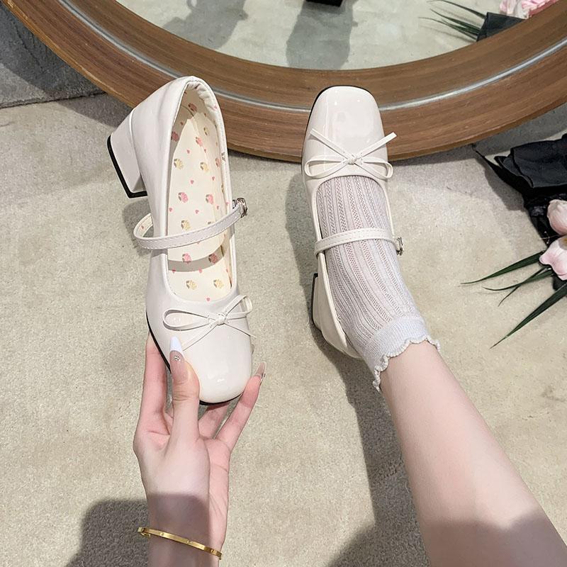 

Bow-knot High-heeled Patent Leather Block-heeled Single Shoes for Women 2026 Spring New Style with Skirt Shallow Mary Jane Shoes 35 бежевый