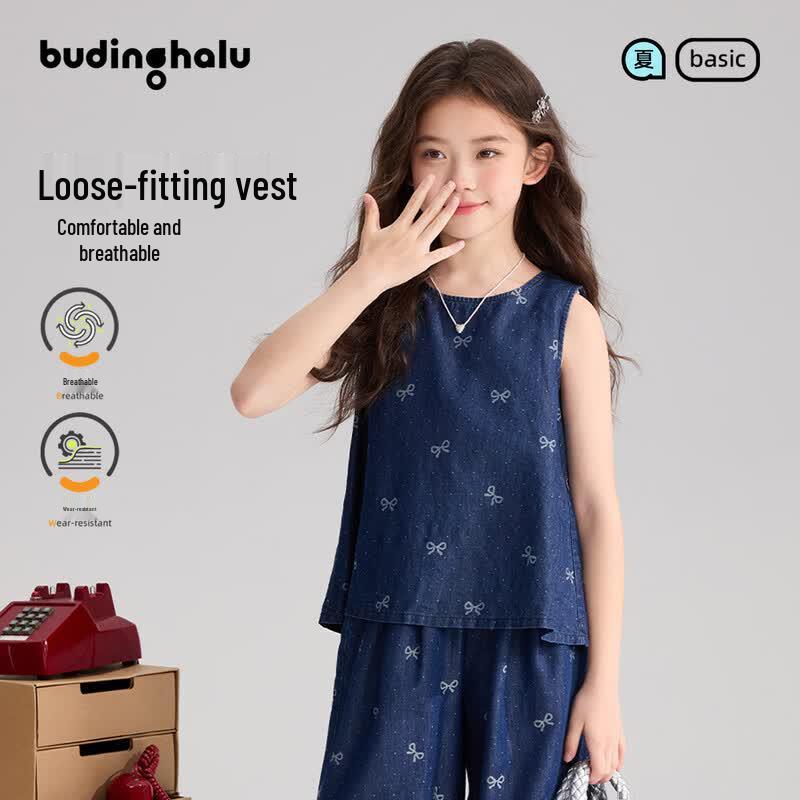 Pudding Haru Girls  Polka Dot Bow Tencel Denim Collection 130