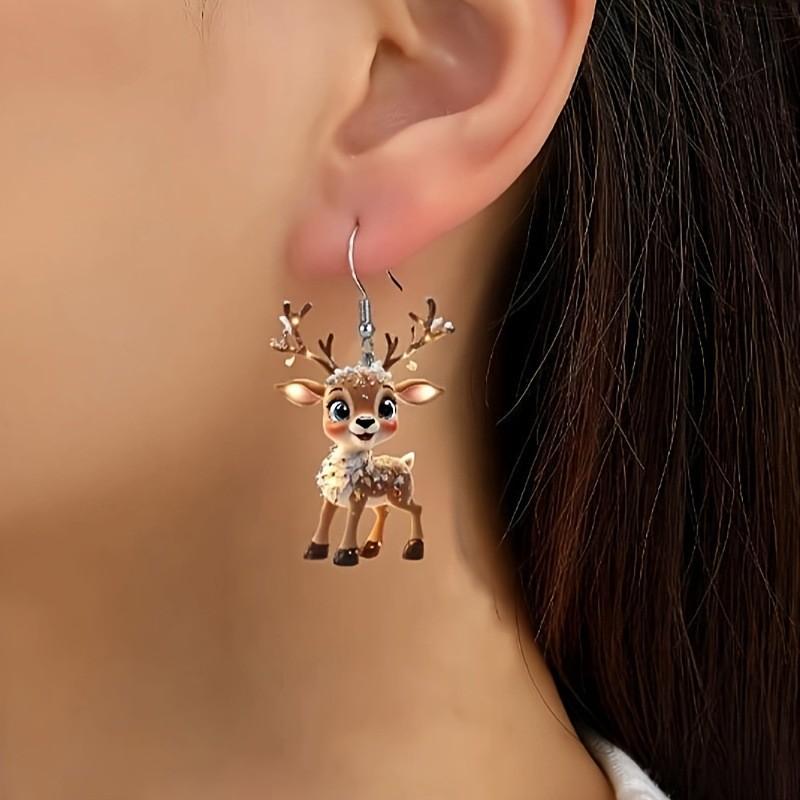 Christmas Cute Cartoon Earrings Elk Deer Animal Pendant Earrings Hook For Women Acrylic Dangle Earrings Party Gift
