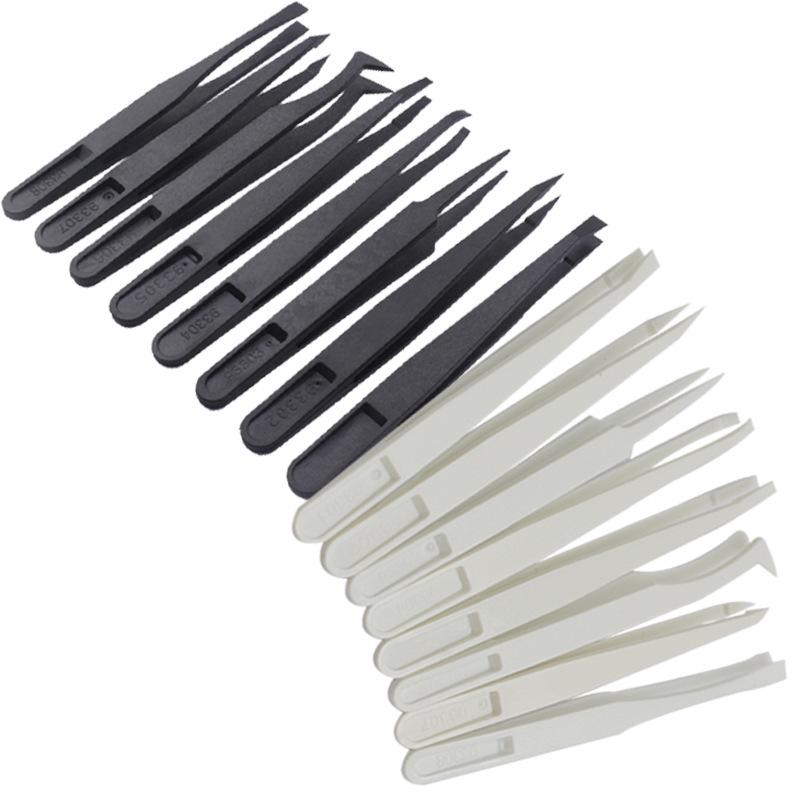 Plastic Anti-Static Tweezers Set: Pointed, Flat, Round, Black & White - Model 93303