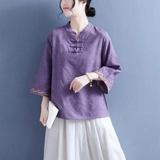 Women's Spring/Summer Embroidered Retro Chinese Frog Button Bell Sleeve Cotton Linen Shirt
