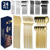 24Pcs Gold Tableware Sets Stainless Steel Cutlery Knife Tea Fork Coffee Spoon Flatware Dishwasher Safe Dinner Kitchen Dinnerware