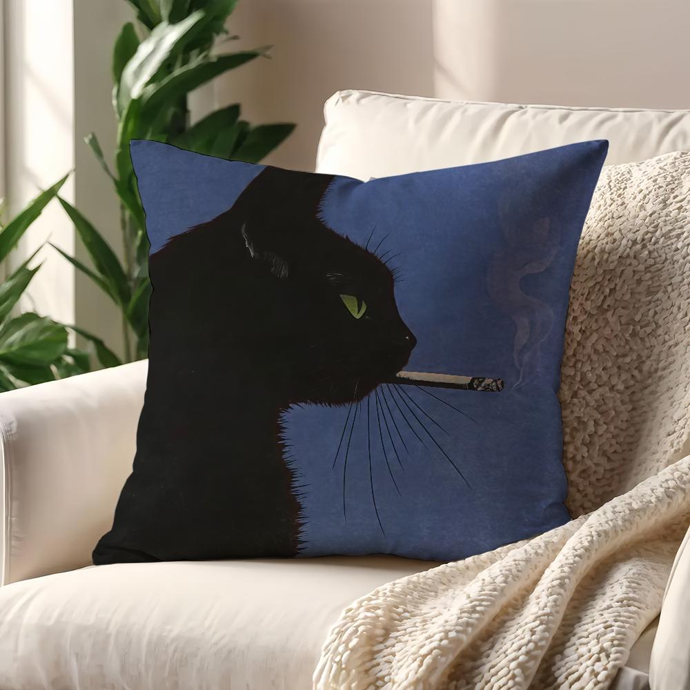 A Vintage Black Cat Smoking Cushion Cover For Pillow Printing Sofa Decoration Home Car Room Coffee Shop Office Nordic Simplicity