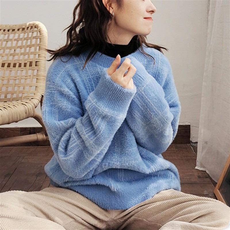 

Зимний новый свитер из норкового флиса женский утолщенный пуловер ленивый ветер вязаный свитер носить универсальный мягкий ворсистый внутри One size синий