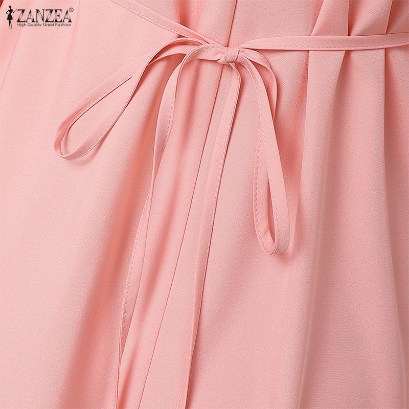 ZANZEA Women Casual Stand Collar Loose Long Sleeve Patchwork Lace Dress