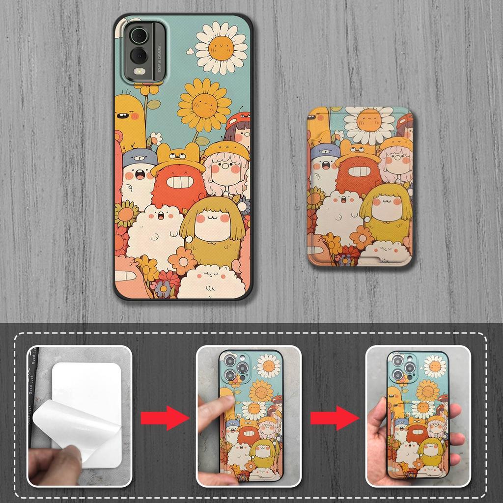 Cute Cover Phone Case For Nokia C32 Soft Case Card Slot Card Sleeve Back Cover Silicone Card Bag Anti-dust Graffiti TPU