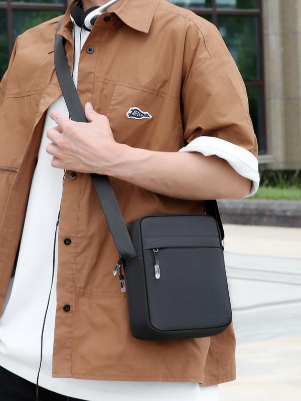 Men's Black Oxford Cloth Crossbody Bag with Printed Logo