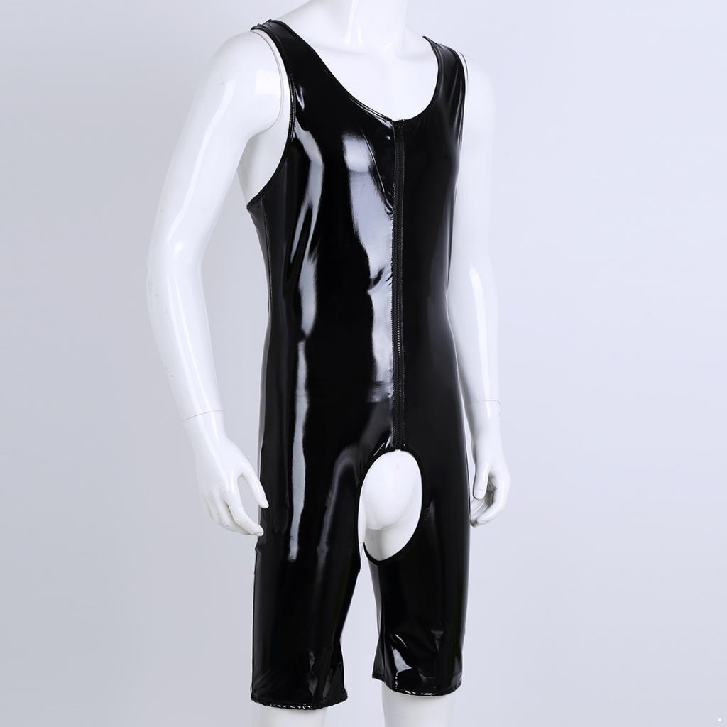 Sexy Men One-piece Tight Crotchless Underwear Shiny Leather Wrestling Singlet Jockstrap Bodysuit Swimwear