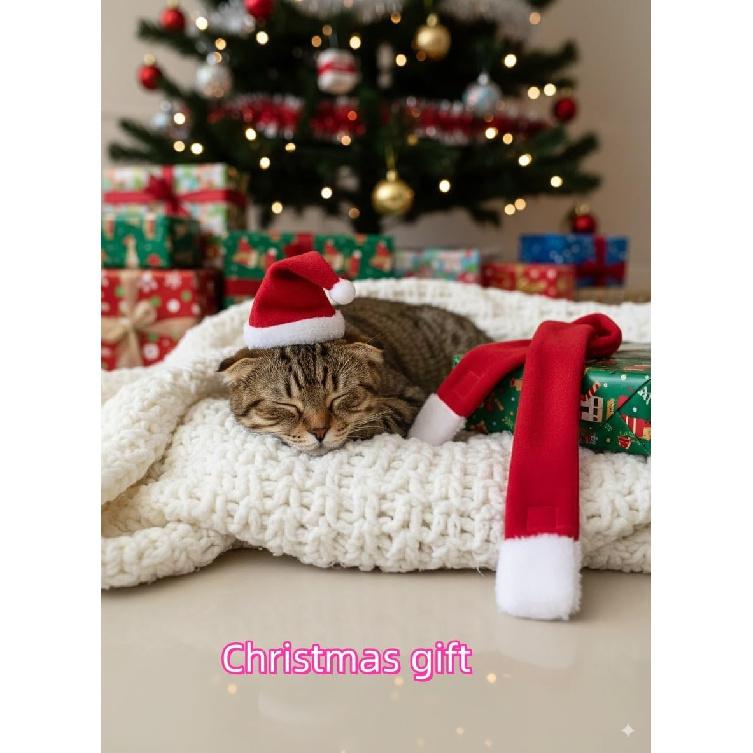Cat Christmas Costume Santa Hat with Scarf &Small Dogs - Funny Santa Hat and Scarf Outfit for Holiday Photos, Dress Up&Parties Adjustable Cat
