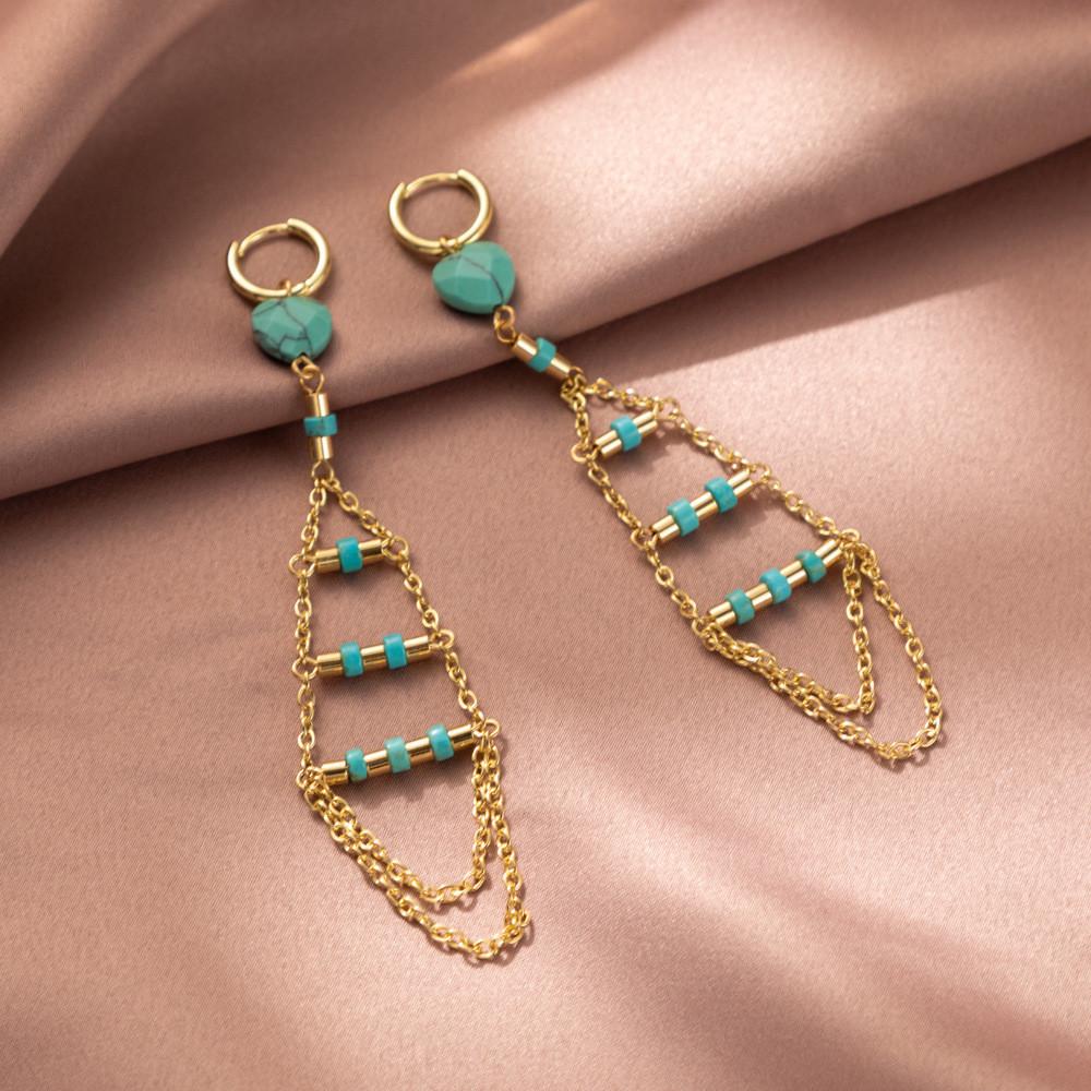 Gold Elegant Natural Stone Earrings With Trendy Fringe And Detail Chain