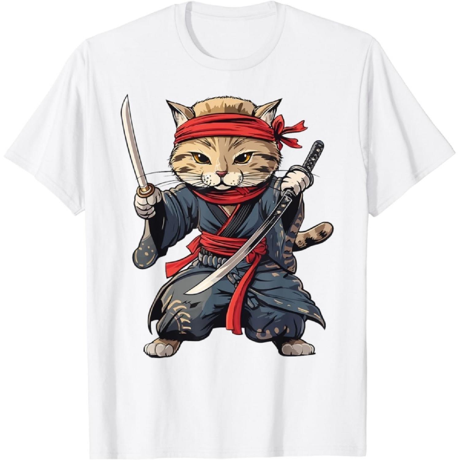 SHAAMOU Japanese Samurai Samurai Cat T-Shirt 100% Cotton Graphic T Shirts for Men Women XXXXXL белый