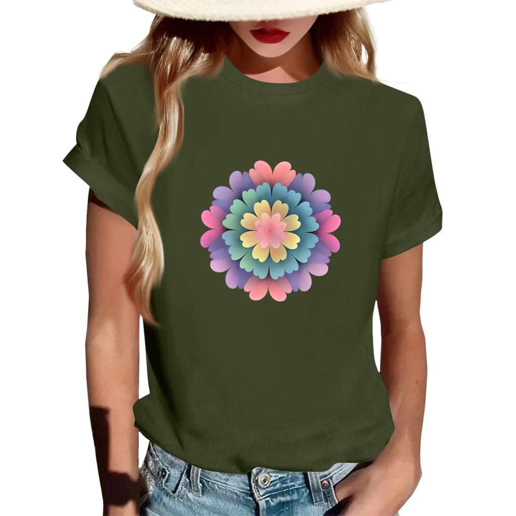 Women's Fashionable Round Neck Casual Retro Print Short Sleeved T-shirt Top