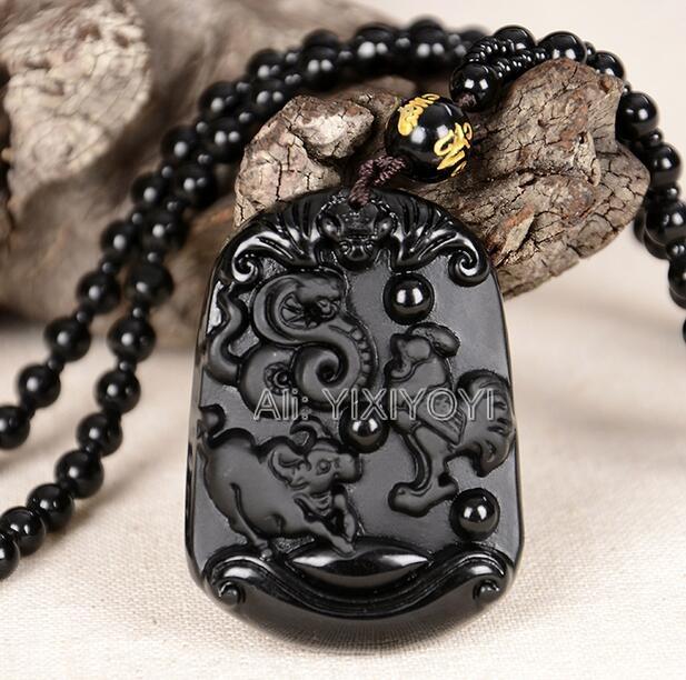 Naturalny Czarny Obsydian Rzeźbiony Chiński Starożytny Dwanaście Zwierząt Zodiaku Szczęśliwy Amulet Wisiorek Koraliki Naszyjnik Modny Prezent Biżuteria