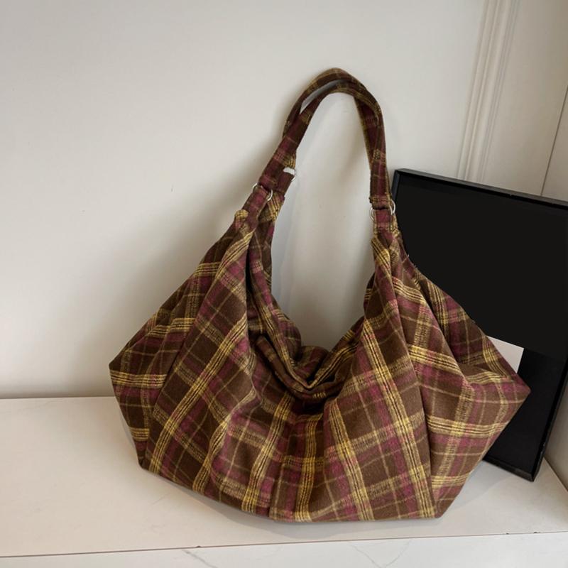 Chic Plaid Nylon Large Capacity Tote Bag Women Casual Top Handle Hobo Shoulder Shopper with Fixed Strap For Daily Work CLE