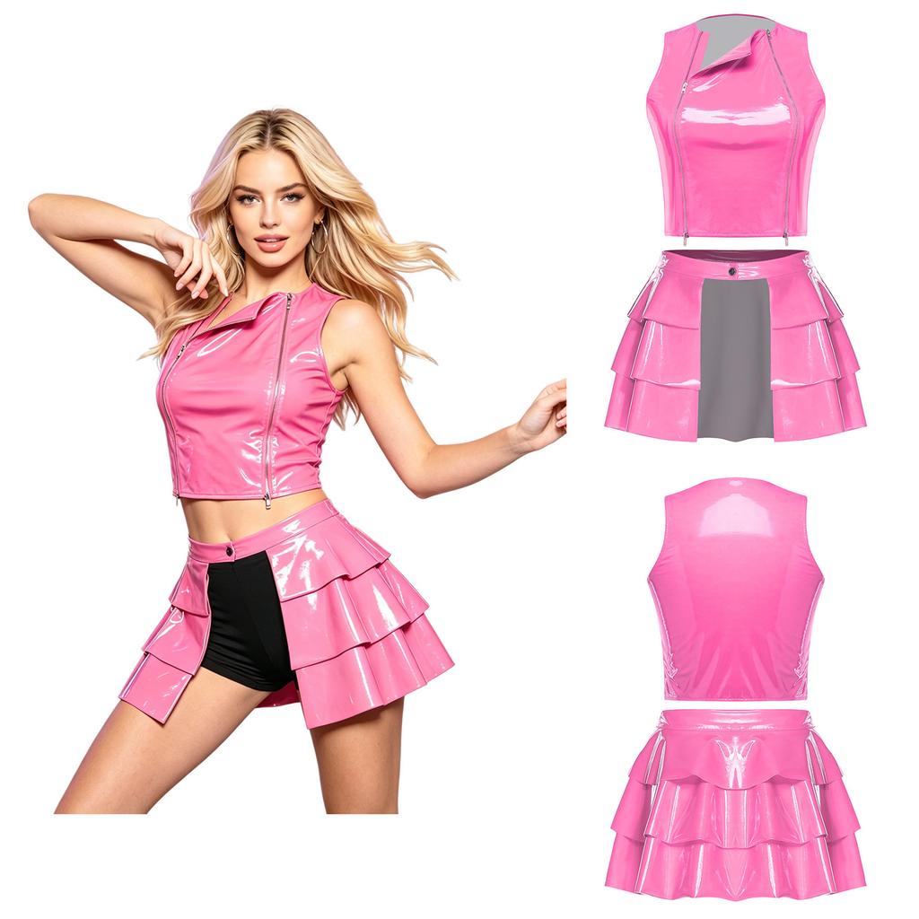 Ladies Shiny PU Two Piece Clubwear Crop Tank Top Double Zipper Front and Layered Ruffle Front Split Miniskirt S-3XL for Rave Party