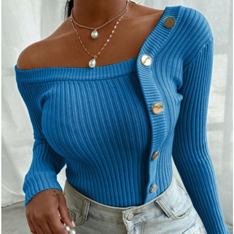 Herbst und Winter Damen einfarbig Langarm Pullover Nähte Knopf Gewinde Strumpfhosen