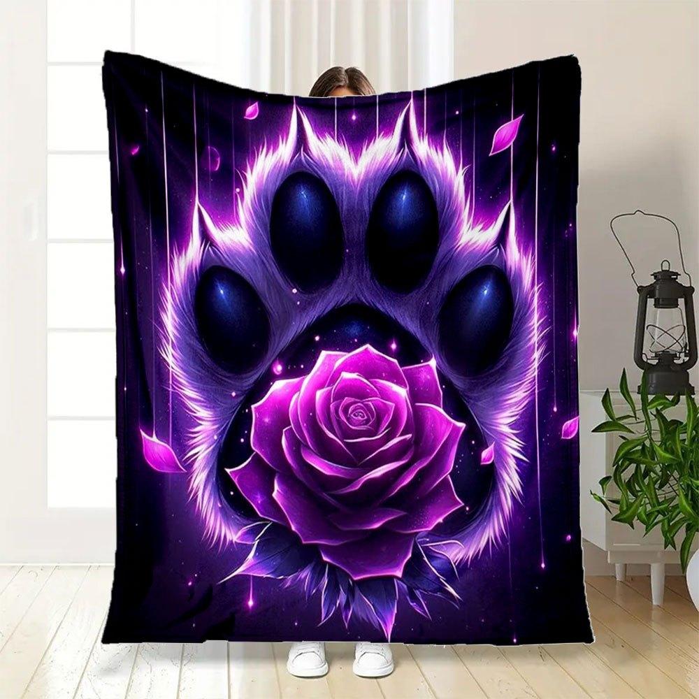 Purple Rose Paw Print Wall Art DecorBlanket Flannel Throw Blanket for Sofa, Bed, Travel, Camping, Office, Couch, Chair, And Bed Gift for Chr