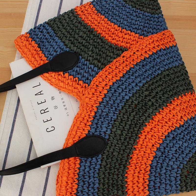 Summer Essential Handwoven Color Block Tote for Women, Minimalist Beach Bag with Adjustable Strap - Versatile Braided Purse for Daily & Vacation