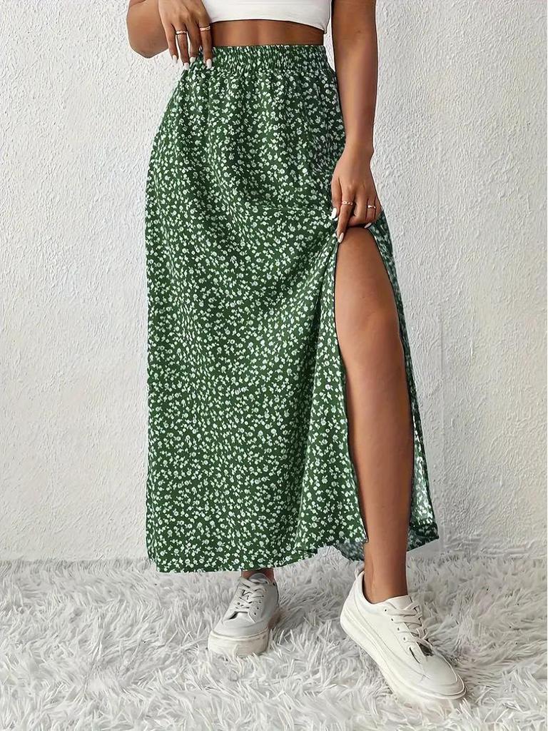 Women's Vintage High Waist Printed Long Skirt with Side Slit - Spring/Summer