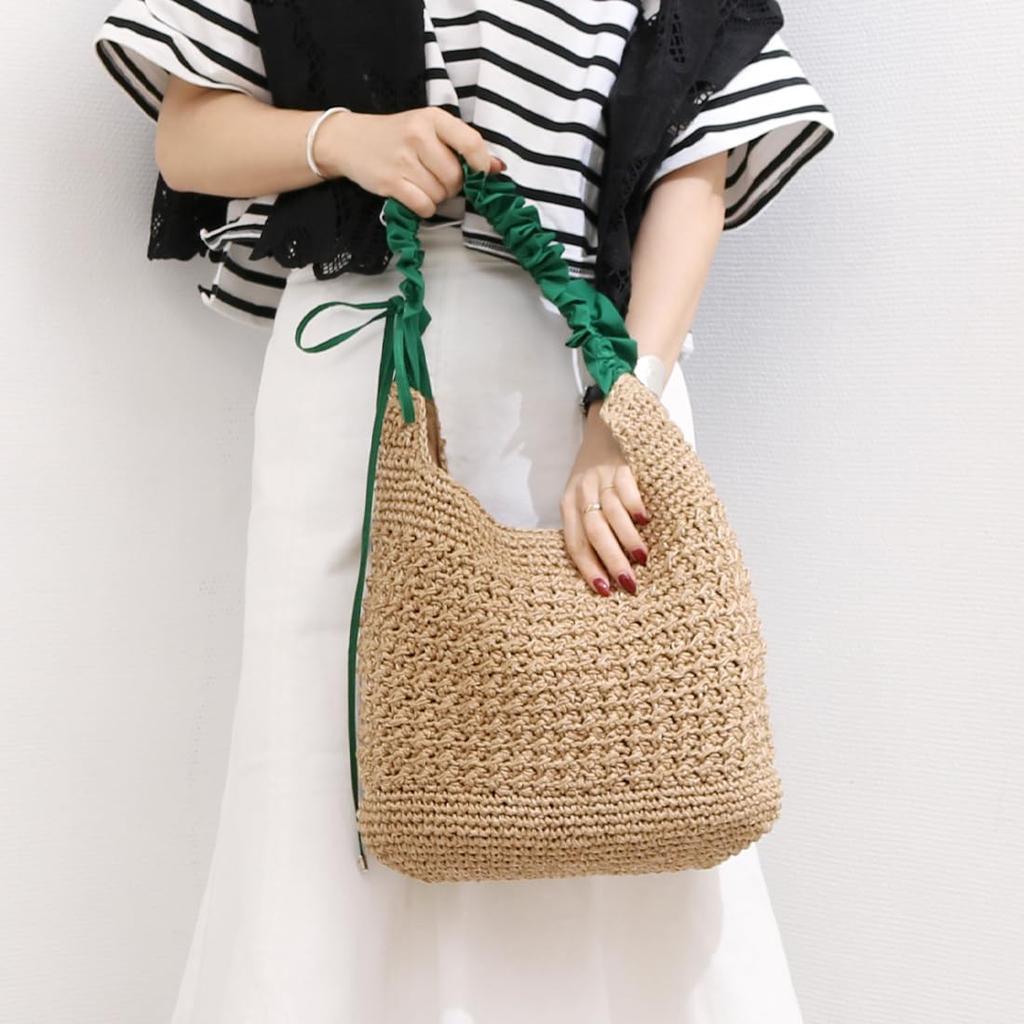 Drawstring frill handle woven tote bag