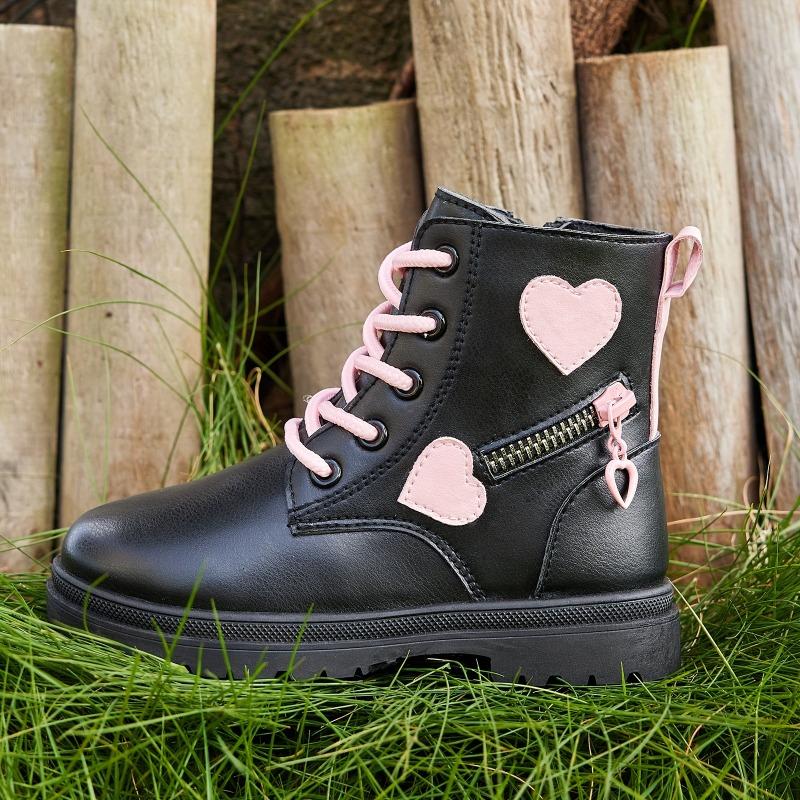 Adorable Heart Non Slip Ankle Boots Girls Boys Lightweight Durable PU Rubber Outdoor Hiking Shoes Zipper Closure Pink Black Fall Winter Casual