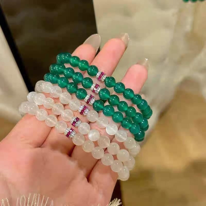 Romantischer Liebhaber~Sanftes Weißes Mondlicht-Armband im Neuen Chinesischen Stil mit Grünem Achat, besetzt mit Rubinen und Glücksperlen