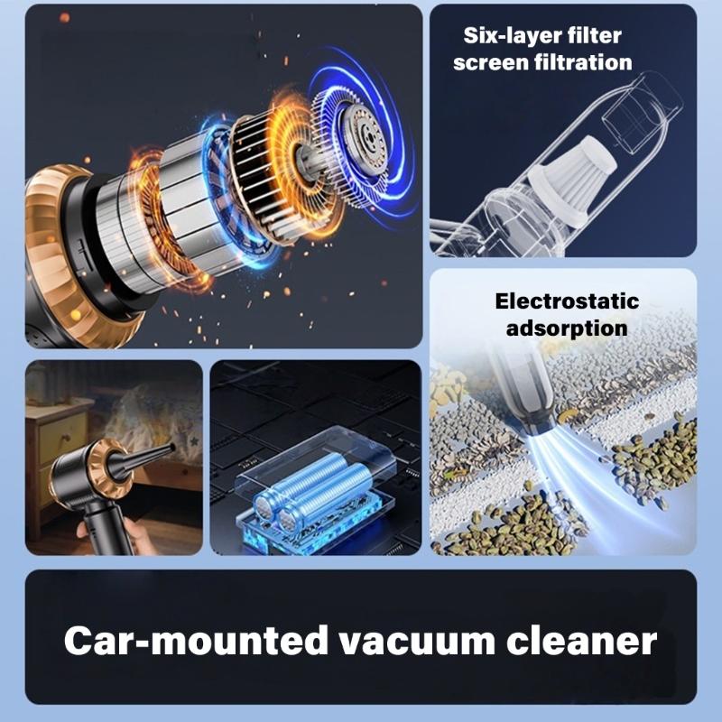 Quiet Handheld Auto Vacuum 6000mAh Battery 35 Minutes Runtime 8 Multiple Surfaces Attachments for Home Camping Cleaning