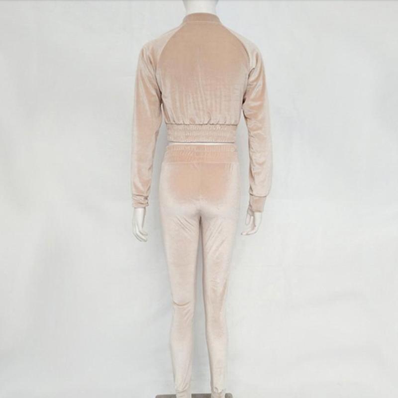 Conjunto de dos piezas de terciopelo de moda urbana para mujer, pantalones casuales sólidos con cremallera y cuello redondo, trajes de pantalón de 2 piezas para mujer, conjuntos de pantalones deportivos ajustados para mujer 25834