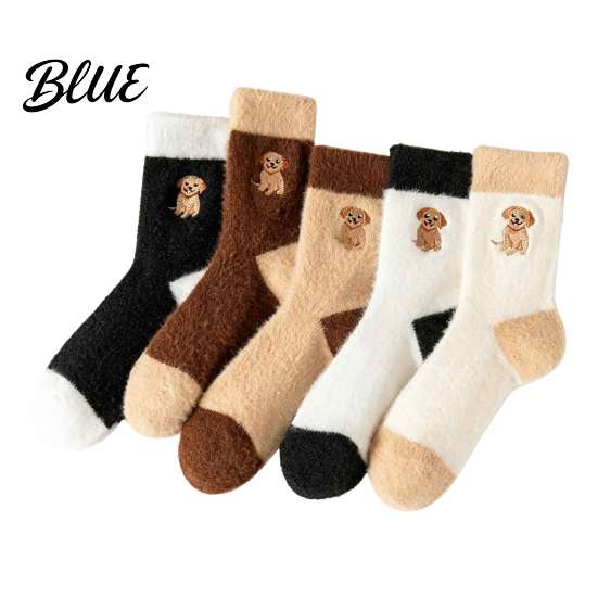 Cute Cartoon Embroidery Socks 5 Pairs Imitation Mink Plush for Women Soft Thermal Winter Socks Non Slip Velvet Thickened Sleep with Embroidery,