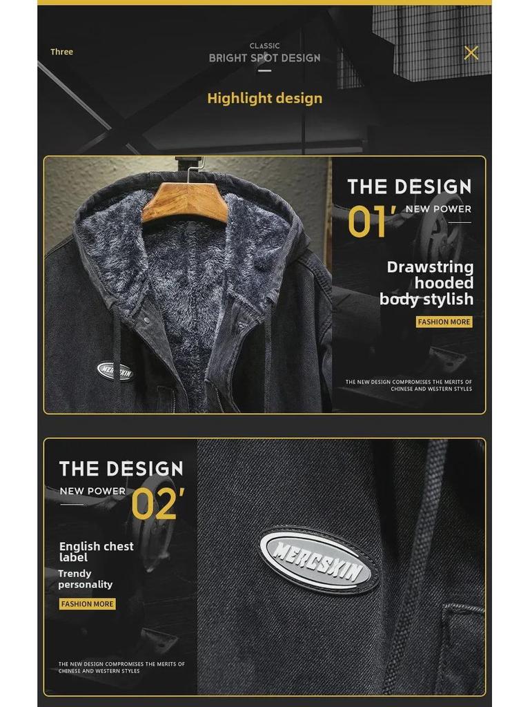 Men's Winter Hooded Denim Jacket - Loose, Large-Size, Mid-Length, Thick Warm Cotton Coat