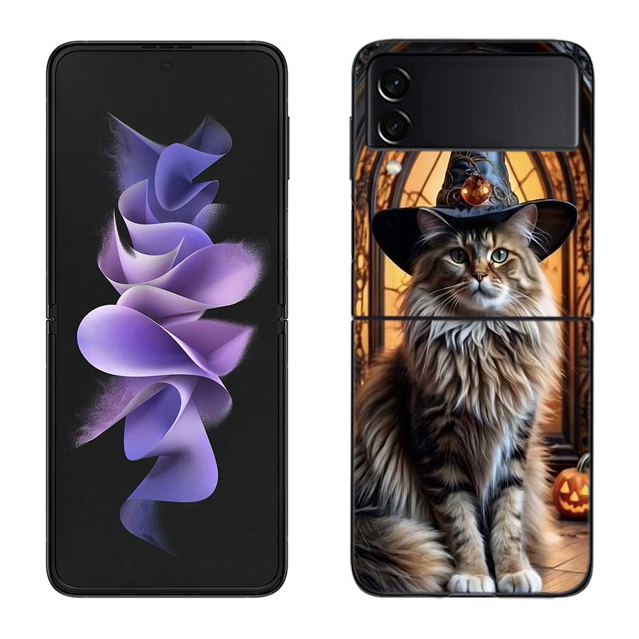 Halloween Magic Cat Phone Case For Samsung Z Flip 7 6 5G Galaxy Z Flip 5 4 3 Black Hard Cell Cover Luxury PC Shell Coque