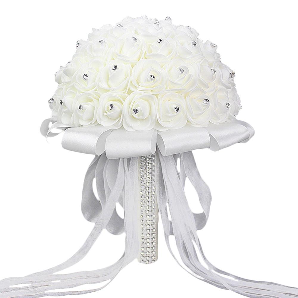 M-Modern-White Rhinestone Ribbon Bridal Wedding Bouquet Handmade Artificial Holding Flowers For Wedding, Bridesmaid Bouquets