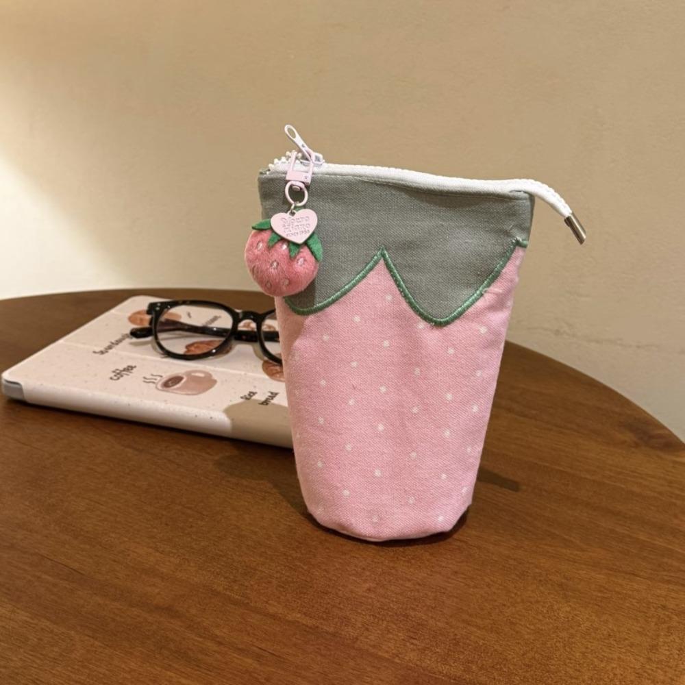 Multi-functional Pencil Case Strawberry Shape Standing Pen Bag Large Capacity Stationery Storage Bag Students