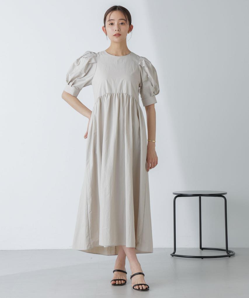 Nano Universe Hoshi Reina Tuck Sleeve Taslan Maxi Size Light Beige Dress, S,