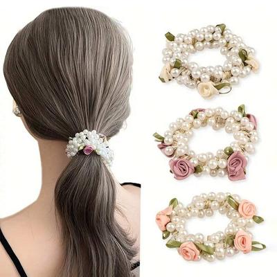 3 Pieces Rose Pearl Hair Band High Elastic Hair Tie Ponytail Hair Tie Fashion Sweet Headwear