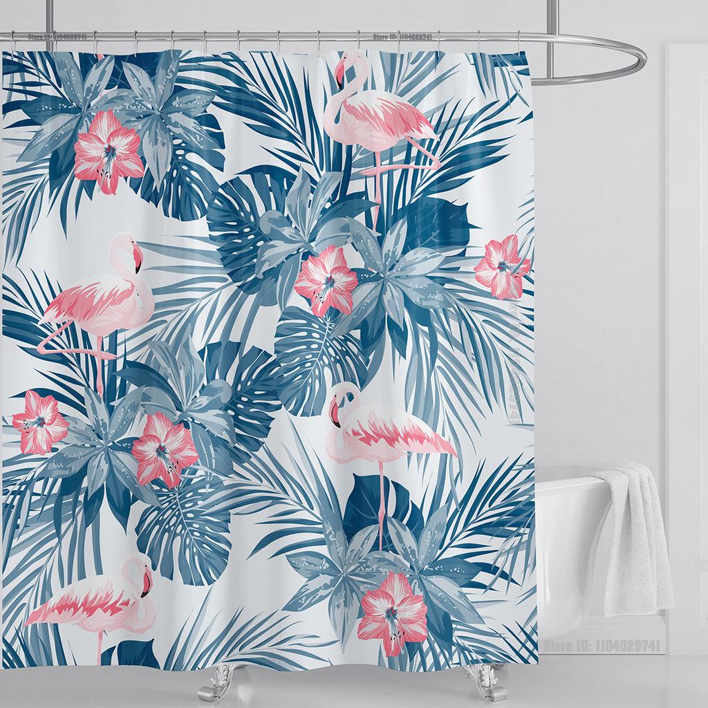 Bohemian Shower Curtain Tropical Jungle Wildlife Bathroom Set Modern Pink Aesthetic Parrot Floral Bathroom Curtain With Hooks