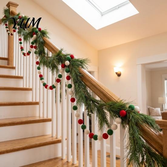 Red Green White Felt Ball Decor 78.8 Inch Christmas Pom Garland, 20/30 Pompom Soft Fluffy Garland Balls Ornaments for Xmas Tree, Fireplace, Wall, Home