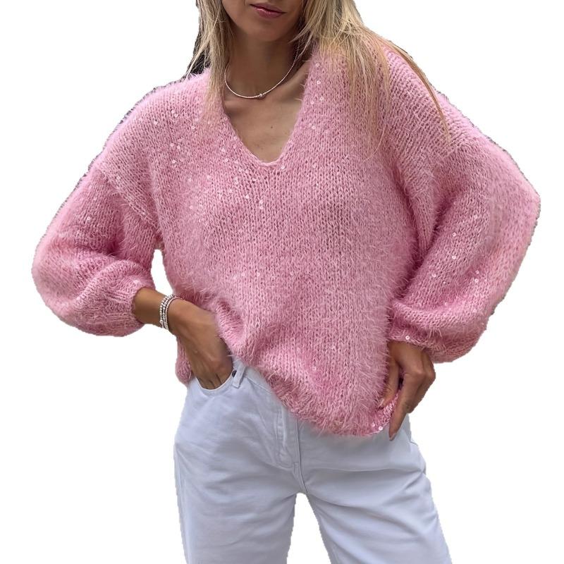 Dames S Roze Losse V-hals Lange Mouwen Gebreide Pullover Trui