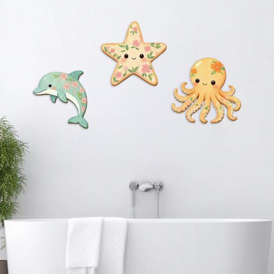 3 Piezas Arte de Pared Temática Playa Océano, Estrella de Mar de Madera 2D Delfín Pulpo Escultura Colgante de Pared para Casa de Campo, Baño, Decoración de Dormitorio