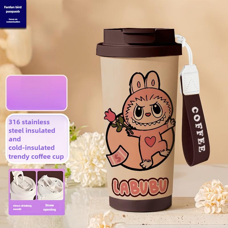 Tecknad Rostfri Stålkopp Högvärdig Termosmugg 3D Dubbel Drickstrå Kaffekopp