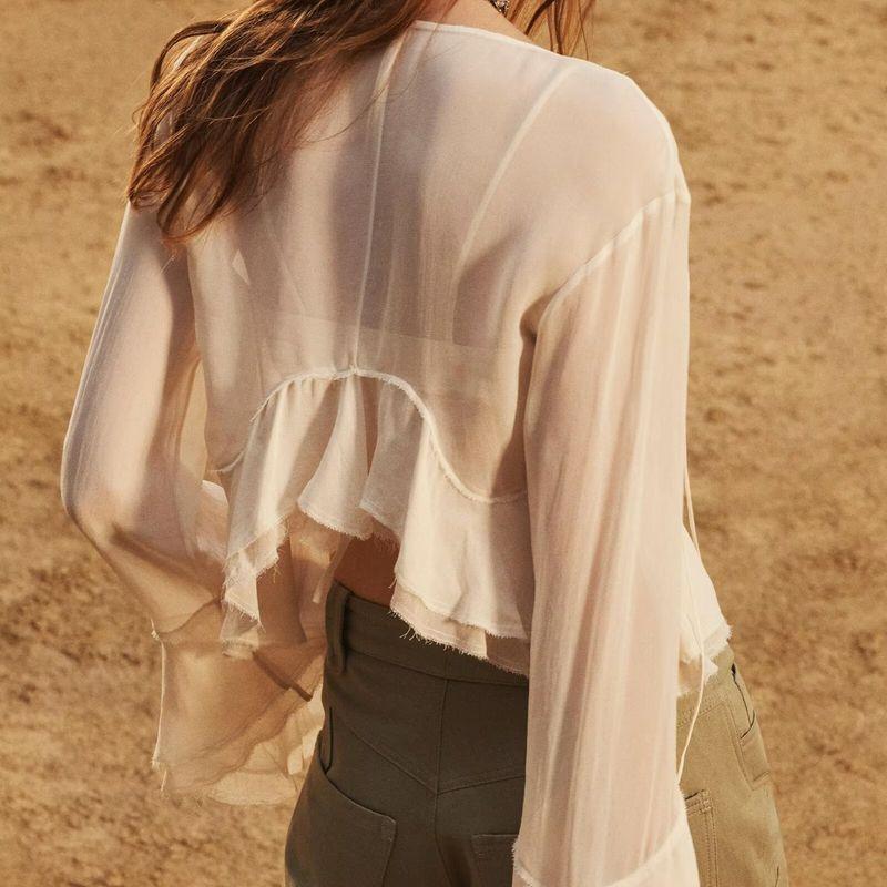 Za Autumn New Arrivals Women's Clothing Zr European and American Style Fashionable Lace-Up Fake Two-Piece Layered Bell Sleeve Shirt 2290004