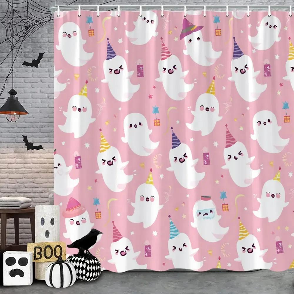 ~O~Pink Cute Halloween Shower Curtain Ghost Pumpkin Bat Skull Polyester Fabric Kids Shower Curtain Girls Bathroom Decor Strap Ho